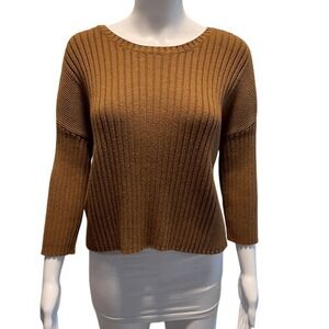 Cabi Luna Ribbed Knit Sweater Brown Cotton Blend Pullover Size Small